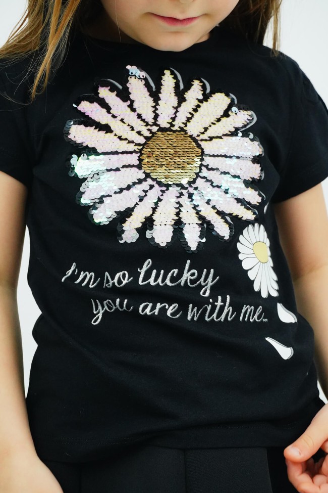 I'm So Lucky Payetli Tişört Siyah