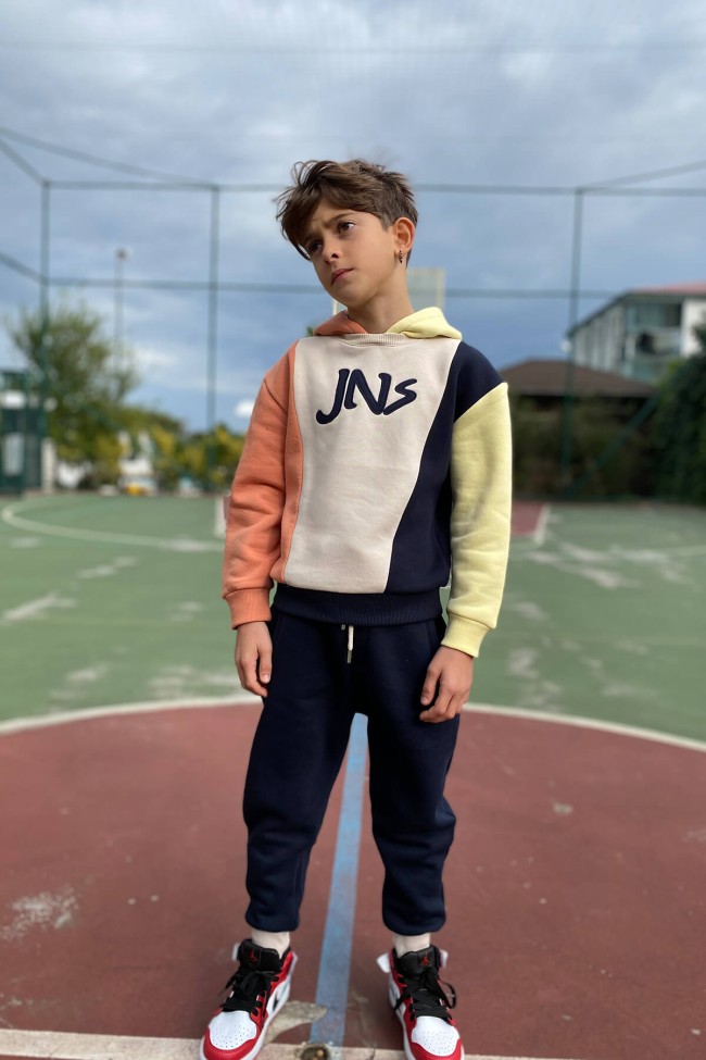 JNS Parçalı Kapüşonlu Sweatshirt Taş