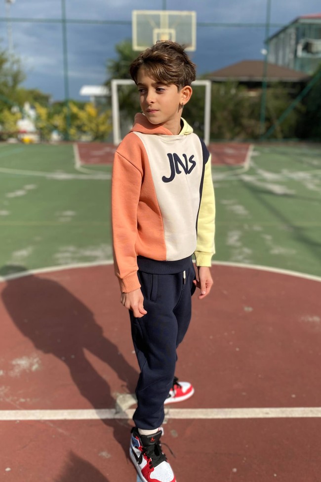 JNS Parçalı Kapüşonlu Sweatshirt Taş