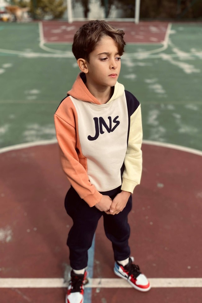 JNS Parçalı Kapüşonlu Sweatshirt Taş
