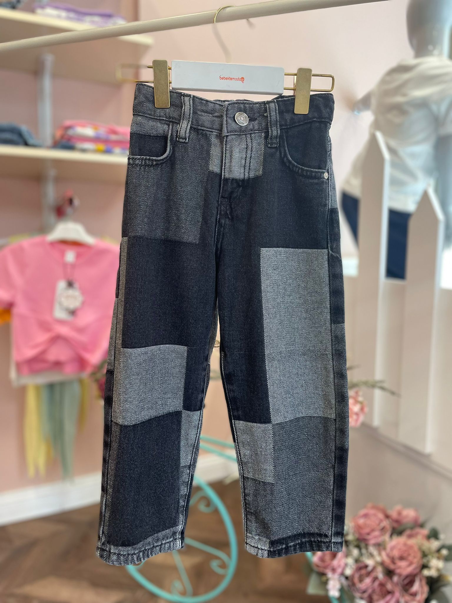 Kare Desenli Beli Lastikli Kot Pantolon Siyah