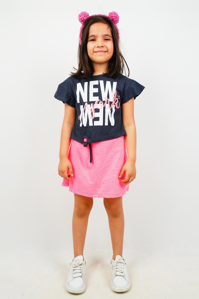New York Tişört - Elbise İkili Takım Neon Pembe