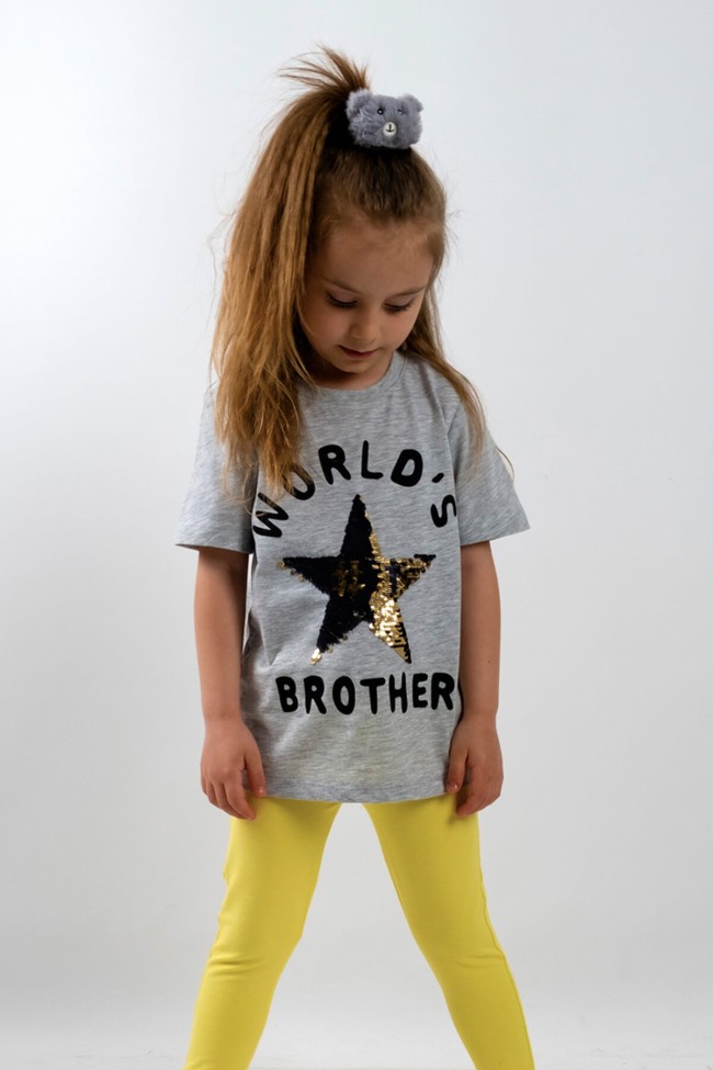 World's Best Brother Yıldız Payetli Tişört Gri