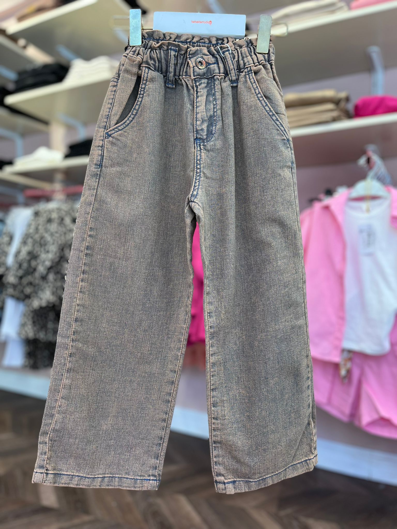 Beli Lastikli Eskitme Pantolon Bej