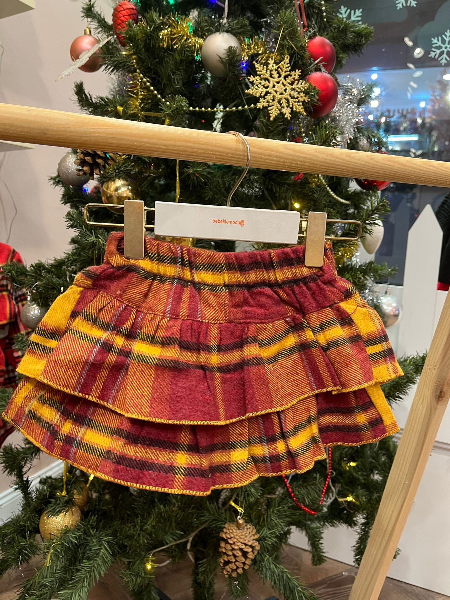 Kareli Katlı Şort Etek Hardal