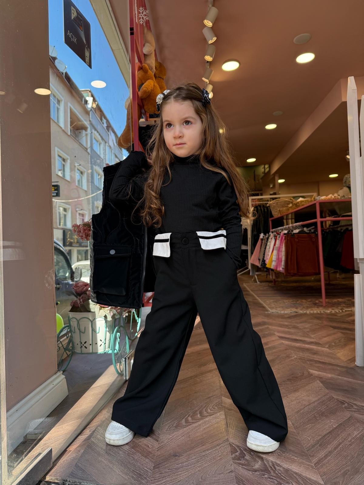 ÇİFT BEL BANTLI PANTOLON Siyah