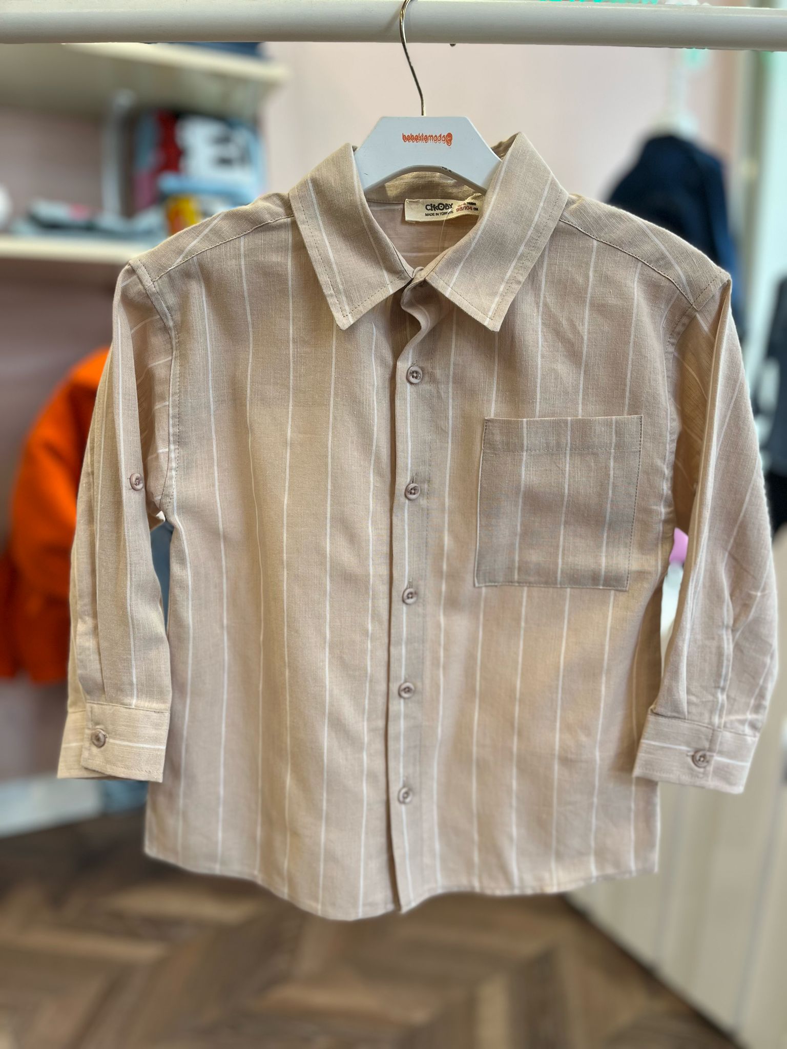 ÇİZGİLİ CEPLİ GÖMLEK Bej