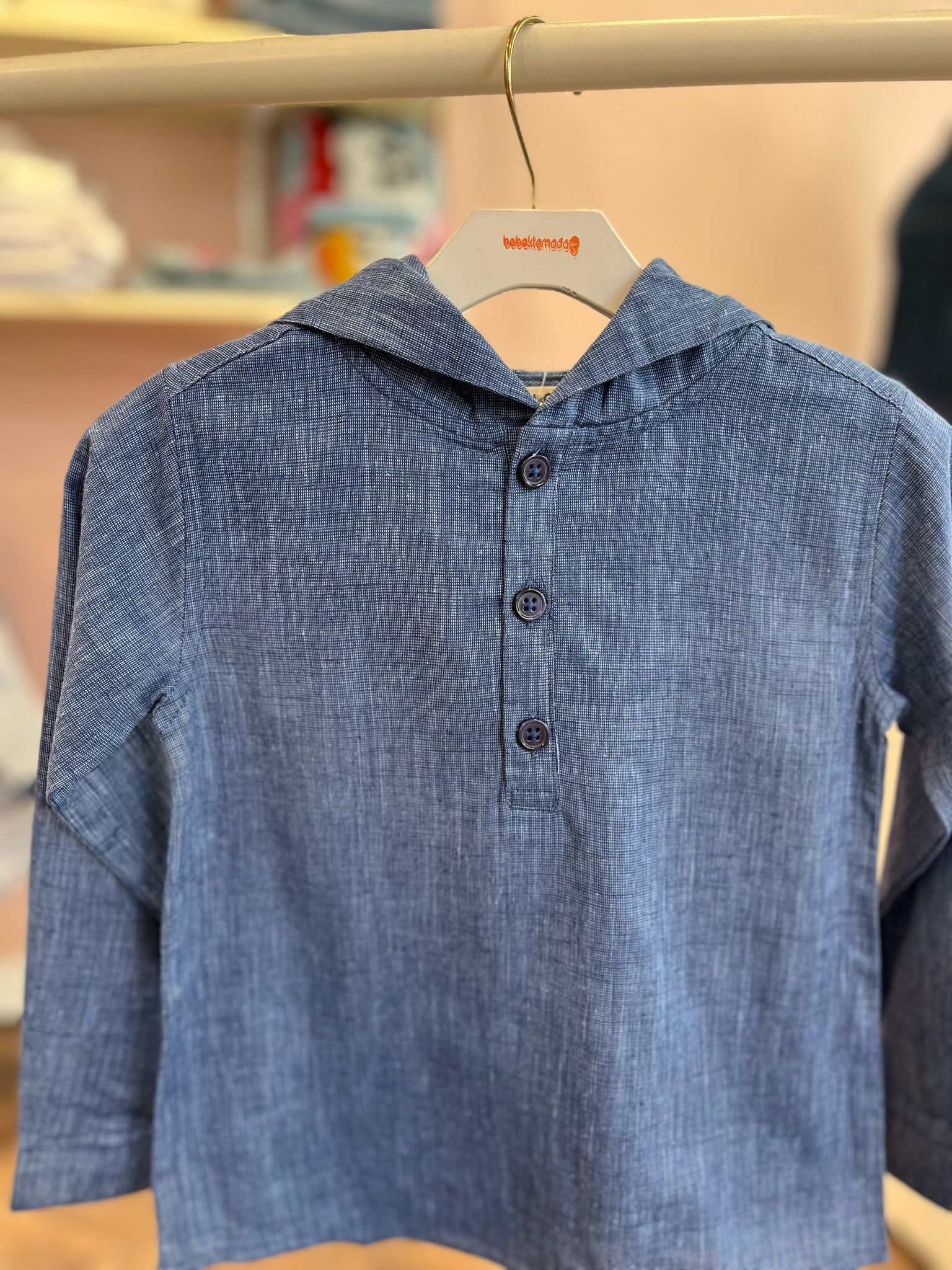 Kapüşonlu Yarım Düğme Gömlek Lacivert