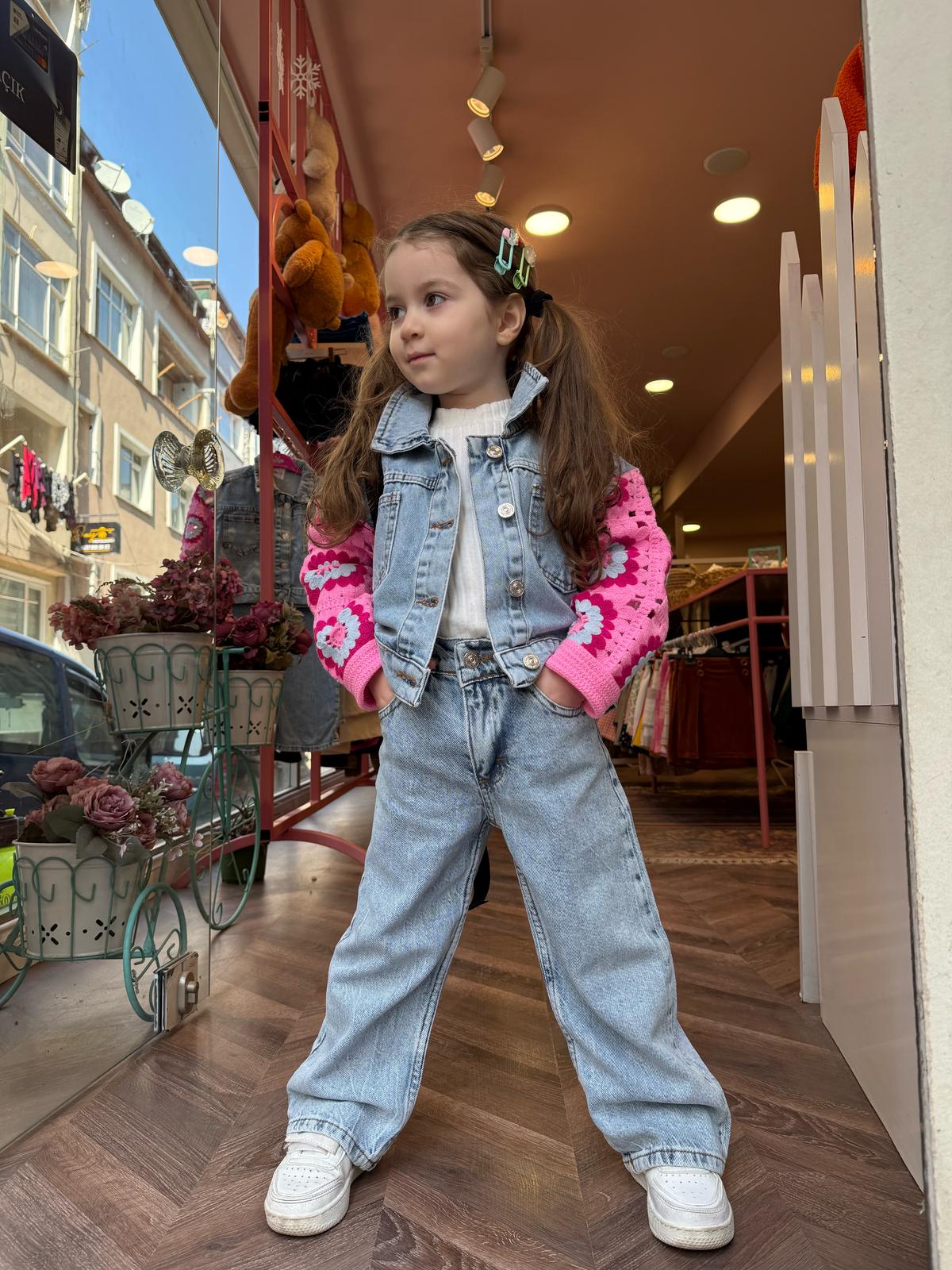 KOLLARI ÖRGÜ DETAYLI KOT TAKIM Açık Mavi