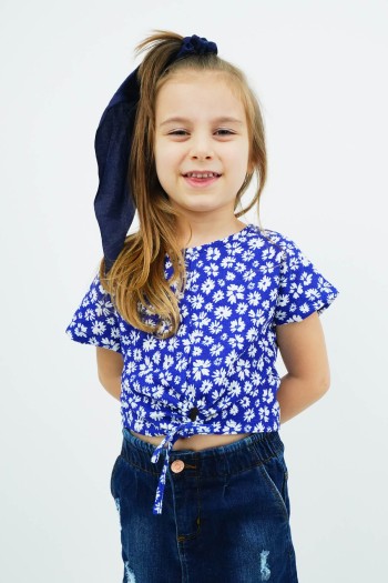 Çiçek Desenli Beli Bağcıklı Tişört Lacivert