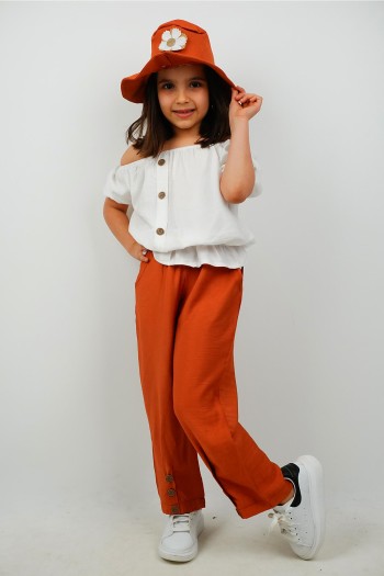 Çiçek Detaylı Şapkalı Patlı Üçlü Takım Taba