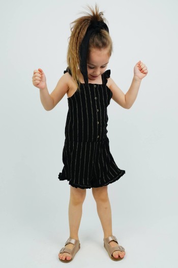 Çizgili Düğme Detaylı Askılı Salopet Siyah