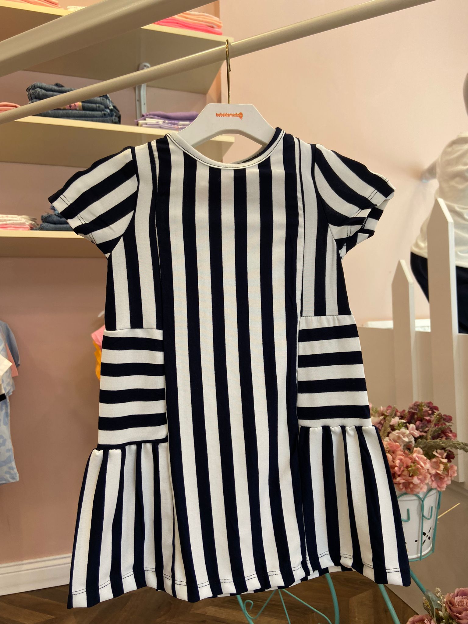 Çizgili Viskon Elbise Lacivert