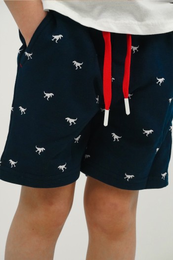 Dinozor Baskılı Beli Bağcıklı Şort Lacivert