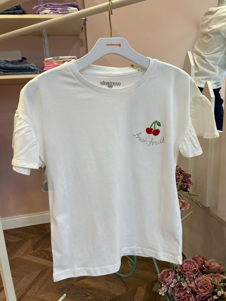 Fresh Fruit Nakışlı Kolları Fırfırlı Tişört Beyaz