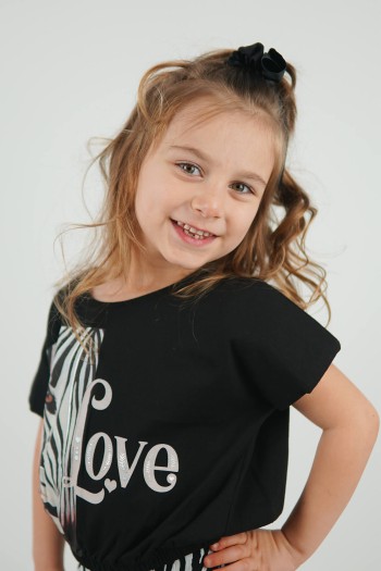 Love Zebra Desenli Vatkalı Tişört Siyah