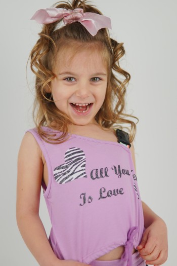 Love Zebralı Kalp Desenli Aksesuarlı Crop Lila