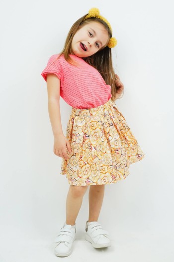 Mantar Desenli Beli Lastikli Pileli Etek Hardal