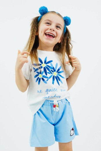 Monton Çiçek Baskılı Kısa Kollu Tişört Mavi