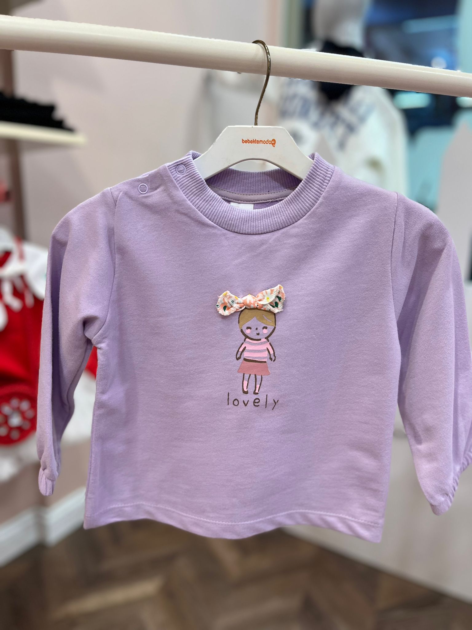 Önü Bebek Detaylı Kolu Lastikli Sweat Lila