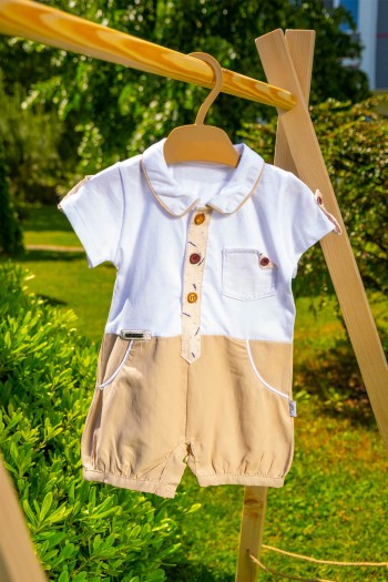 Organik Pamuk Kontrast Renk Tulum Ekru