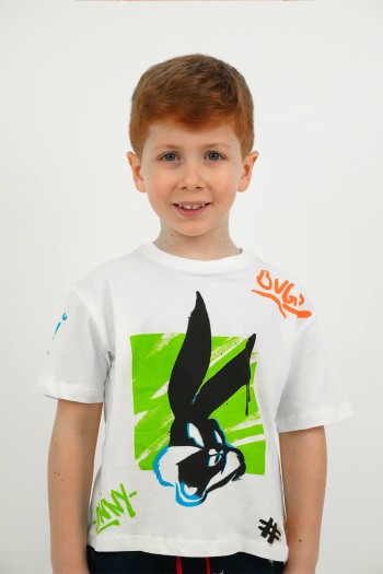 Tavşan Animasyon Baskılı Tişört Krem