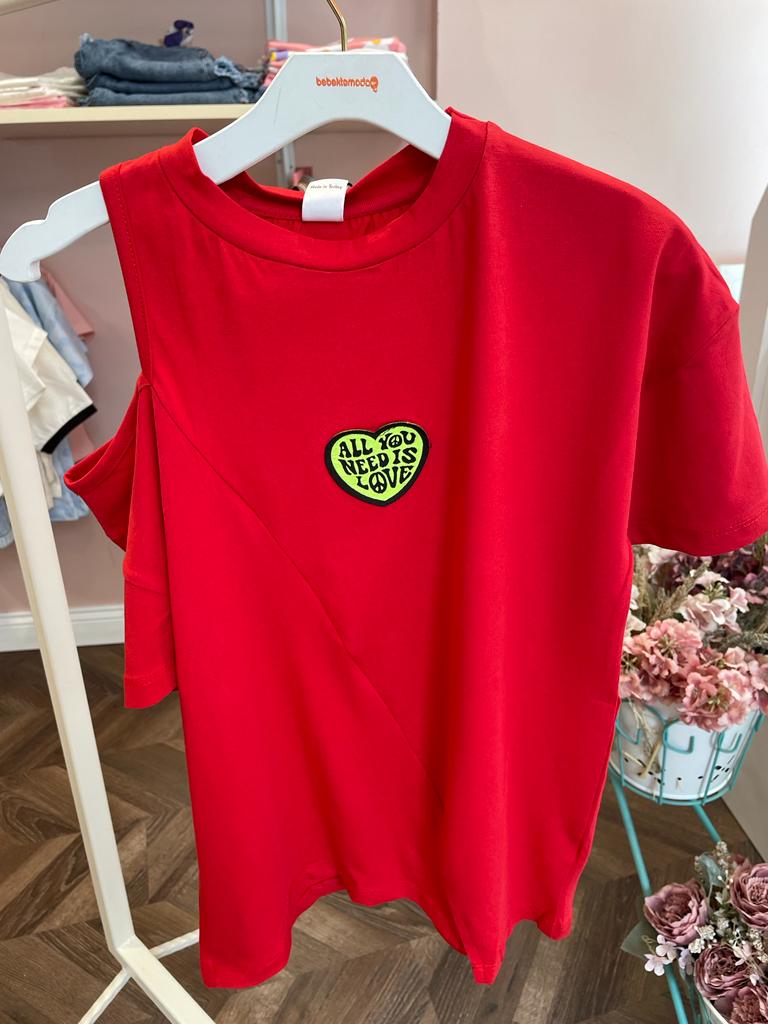 Tek Omzu Açık Önü Mini Yırtmaçlı Tişört Kırmızı