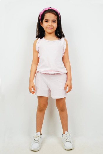 Volanlı Beli Lastikli Şort Tulum Pudra