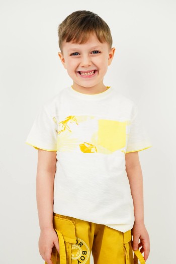 Yaprak Desenli Kısa Kollu Tişört Sarı Beyaz