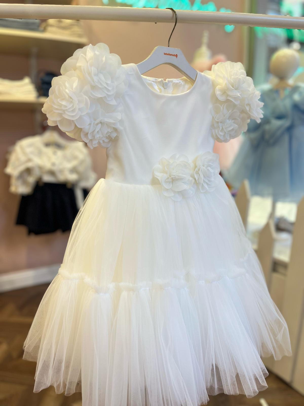 OMUZLARI ÇİÇEK DETAYLI ABİYE Beyaz