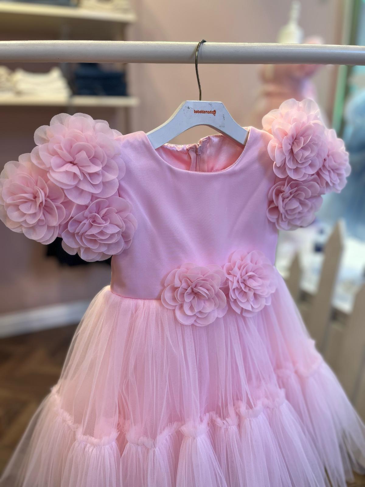 OMUZLARI ÇİÇEK DETAYLI ABİYE Pembe