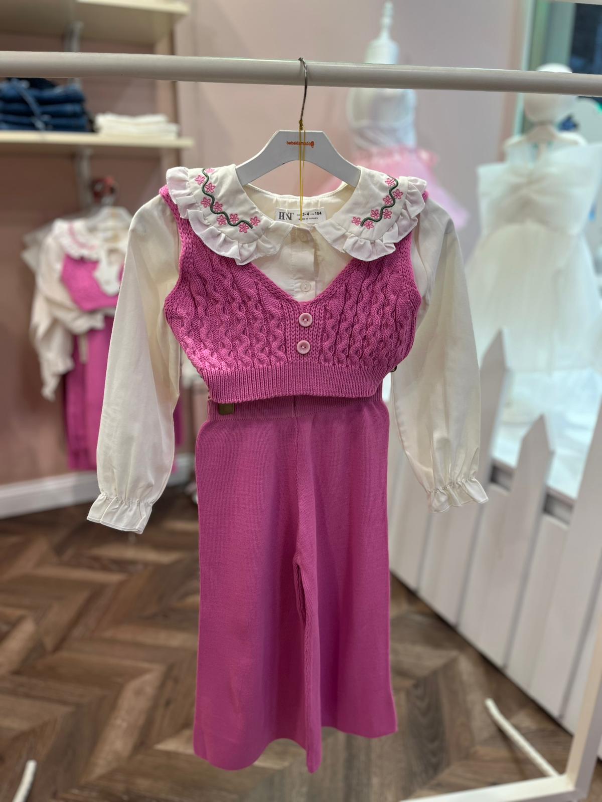 Pembe KISA SÜVETERLİ PANTOLON GÖMLEK TAKIM