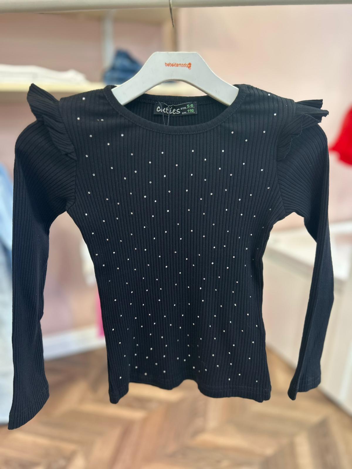 TAŞ DETAYLI OMZU FIRFIRLI BLUZ Siyah