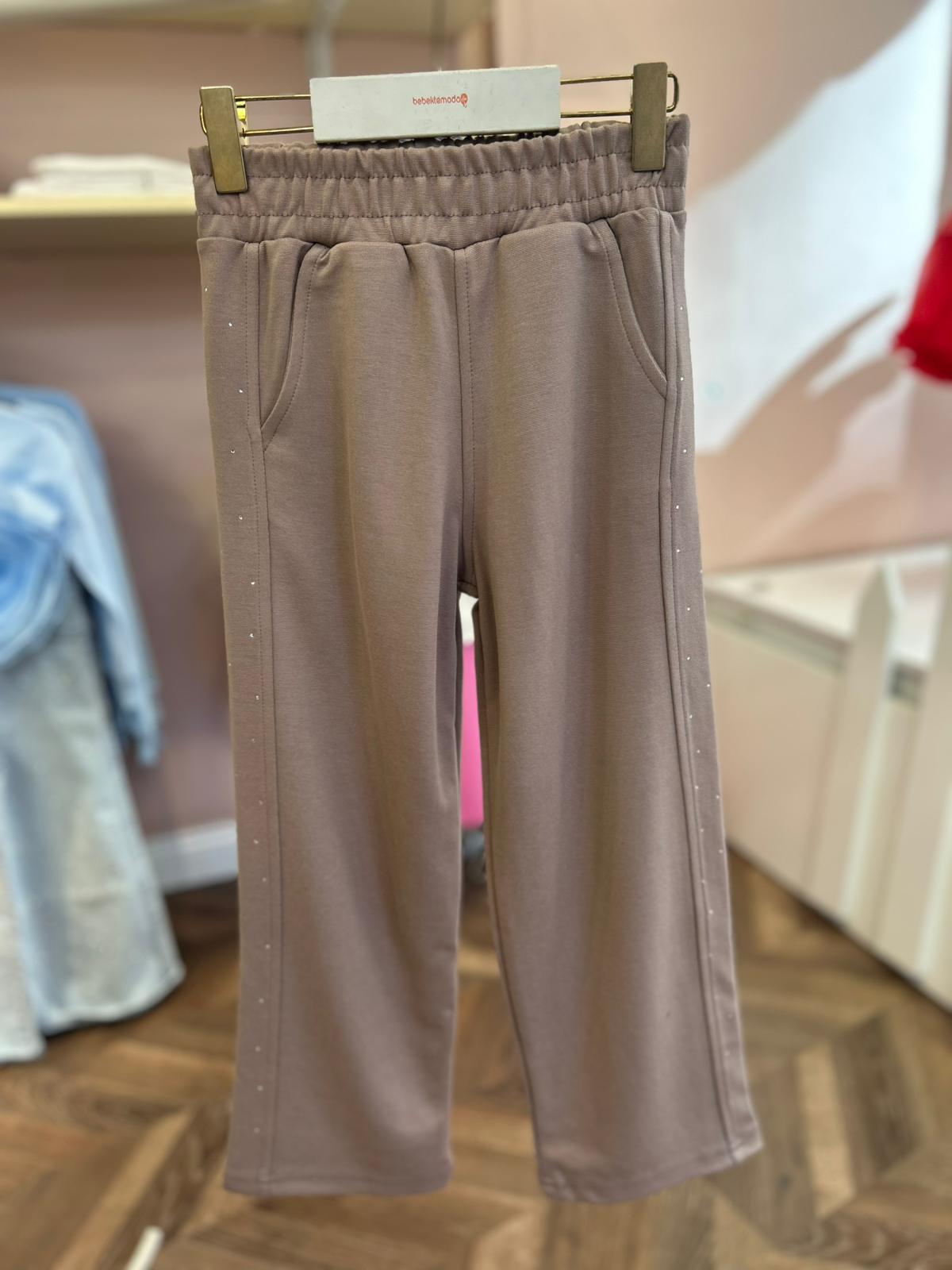 YANLARI KÜÇÜK TAŞ DETAYLI PANTOLON VİZON