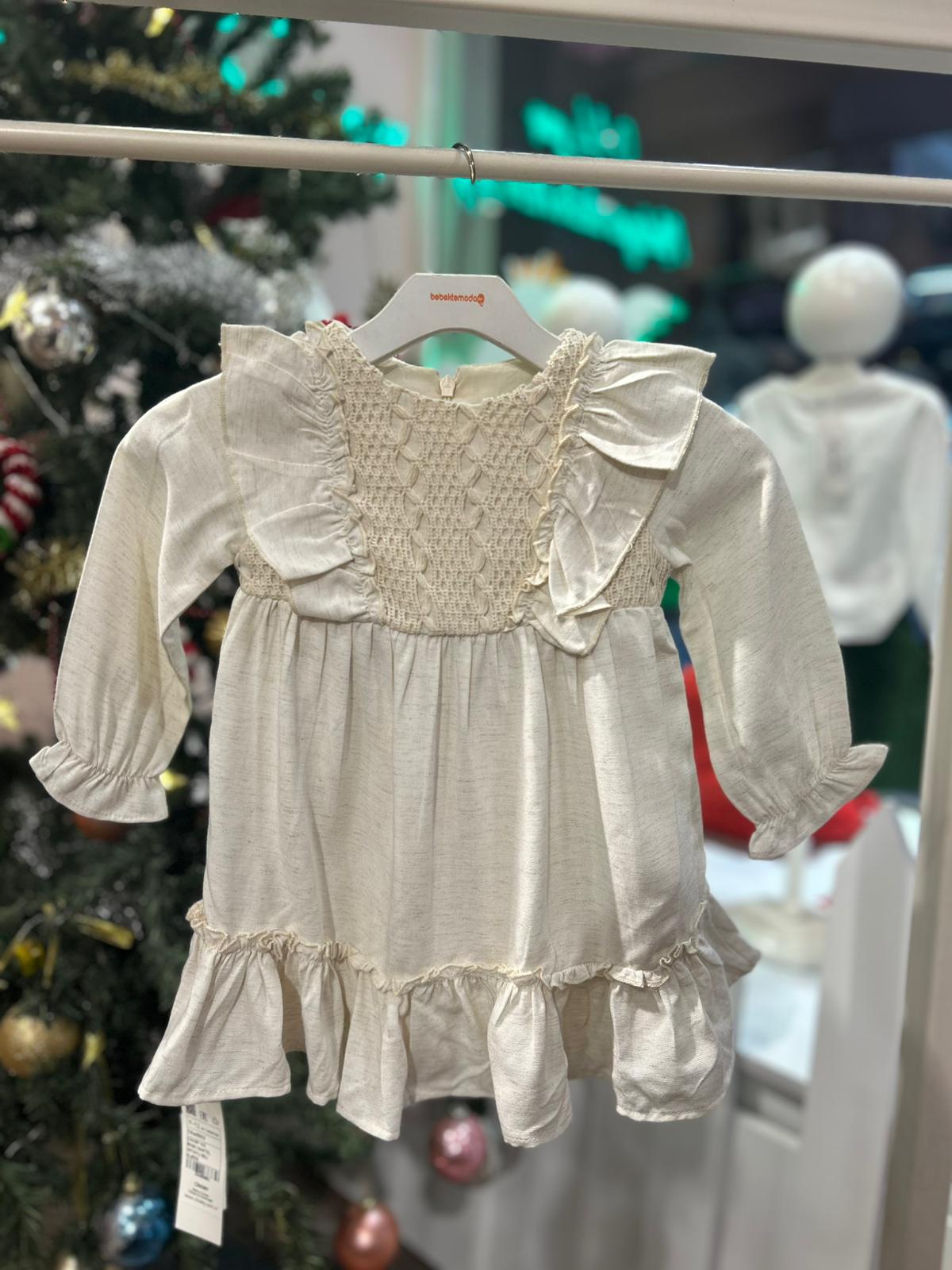 DANTEL YAKA GÜPÜR DETAYLI ELBİSE Bej