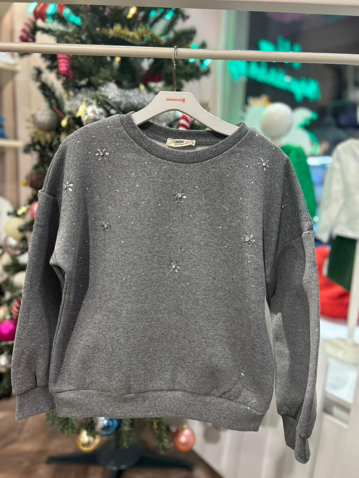 TAŞ DETAYLI SWEATSHIRT Gri