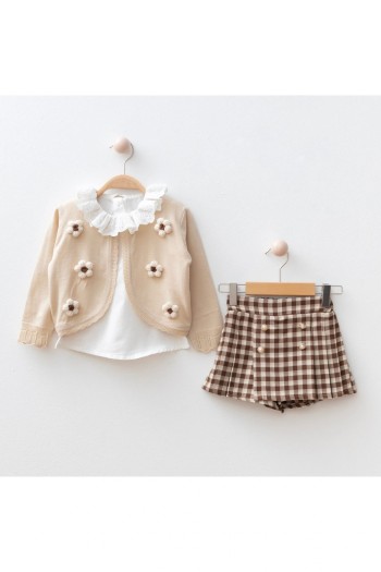 ÇİÇEK İŞLEMELİ TRİKO HIRKALI 3'LÜ TAKIM Kahverengi