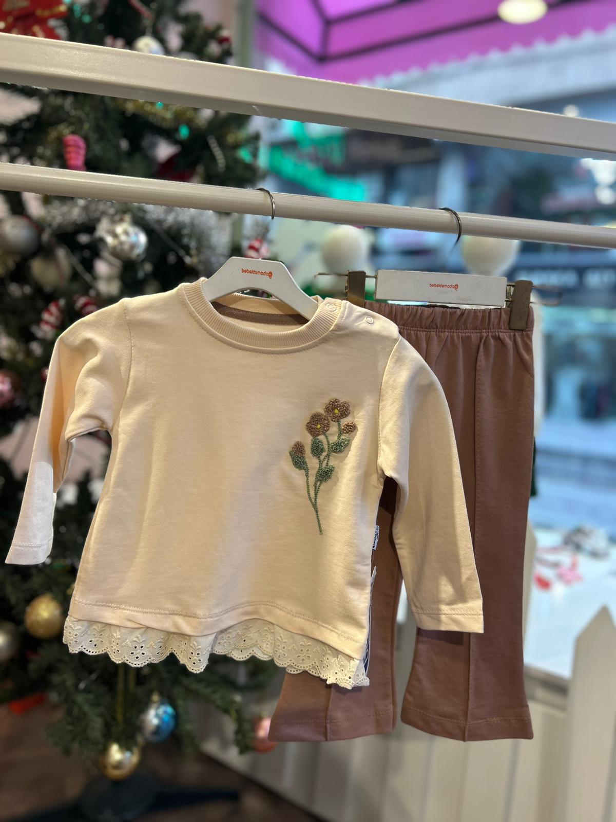 GÜPÜR DETAYLI ÇİÇEK NAKIŞLI 2'Lİ TAKIM Kahverengi