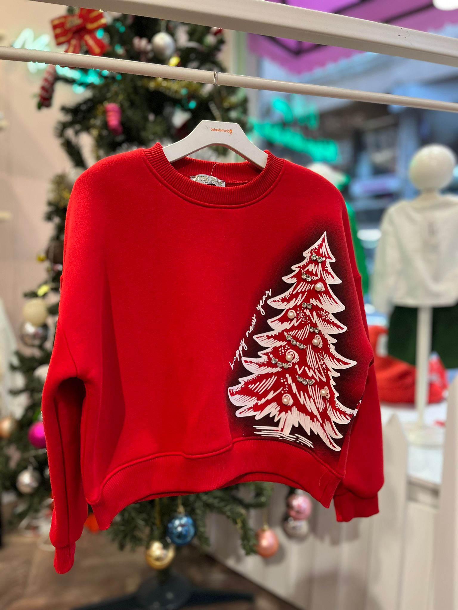 ÇAM AĞACI DETAYLI TAŞLI SWEAT Kırmızı