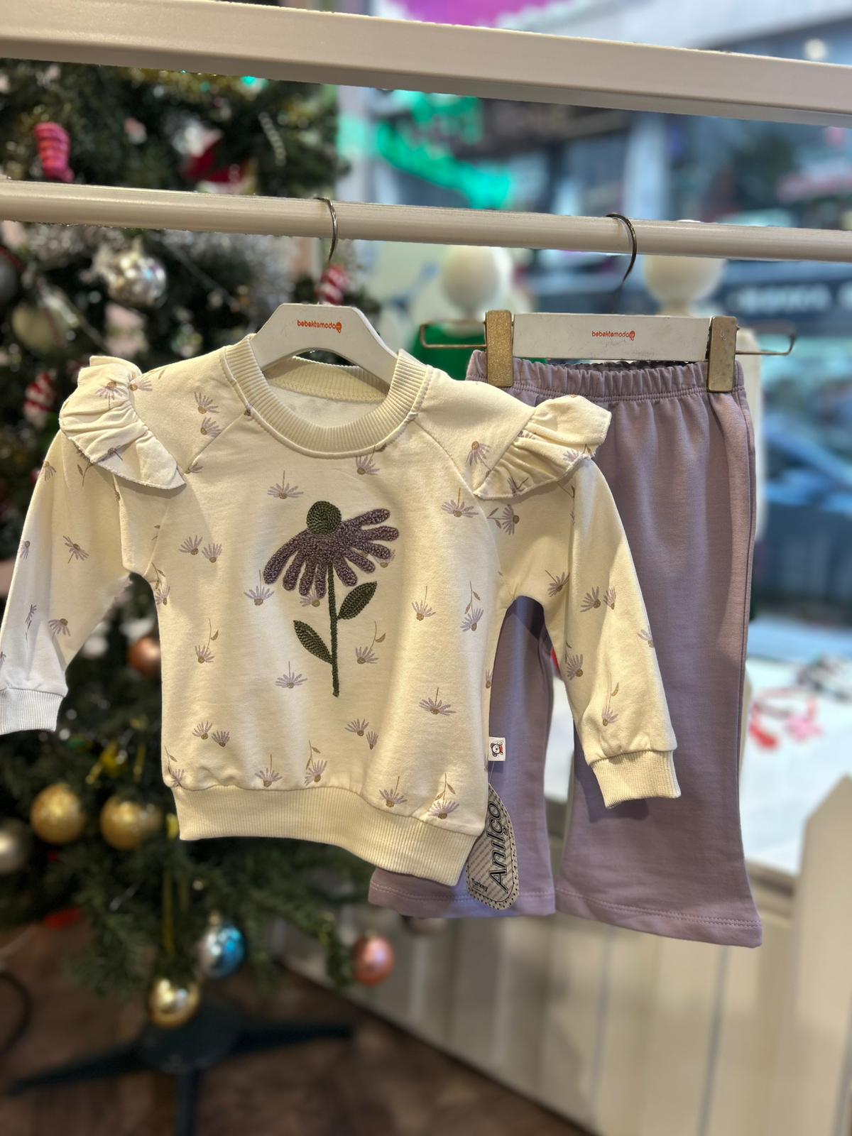 OMUZU FIRFIRLI ÇİÇEK DETAYLI 2'Lİ TAKIM Lila