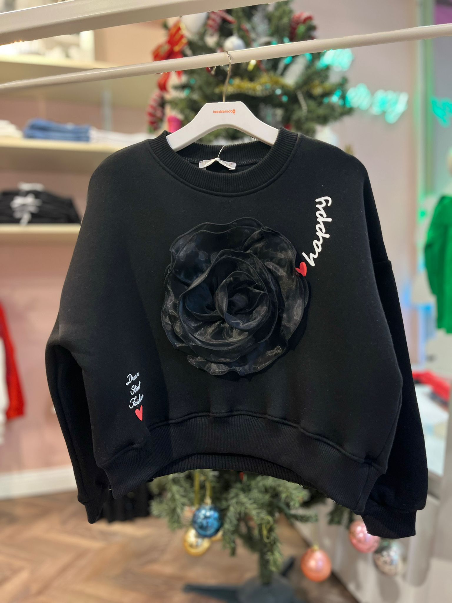 HAPPY YAZILI BÜYÜK GÜL DETAYLI SWEAT Siyah