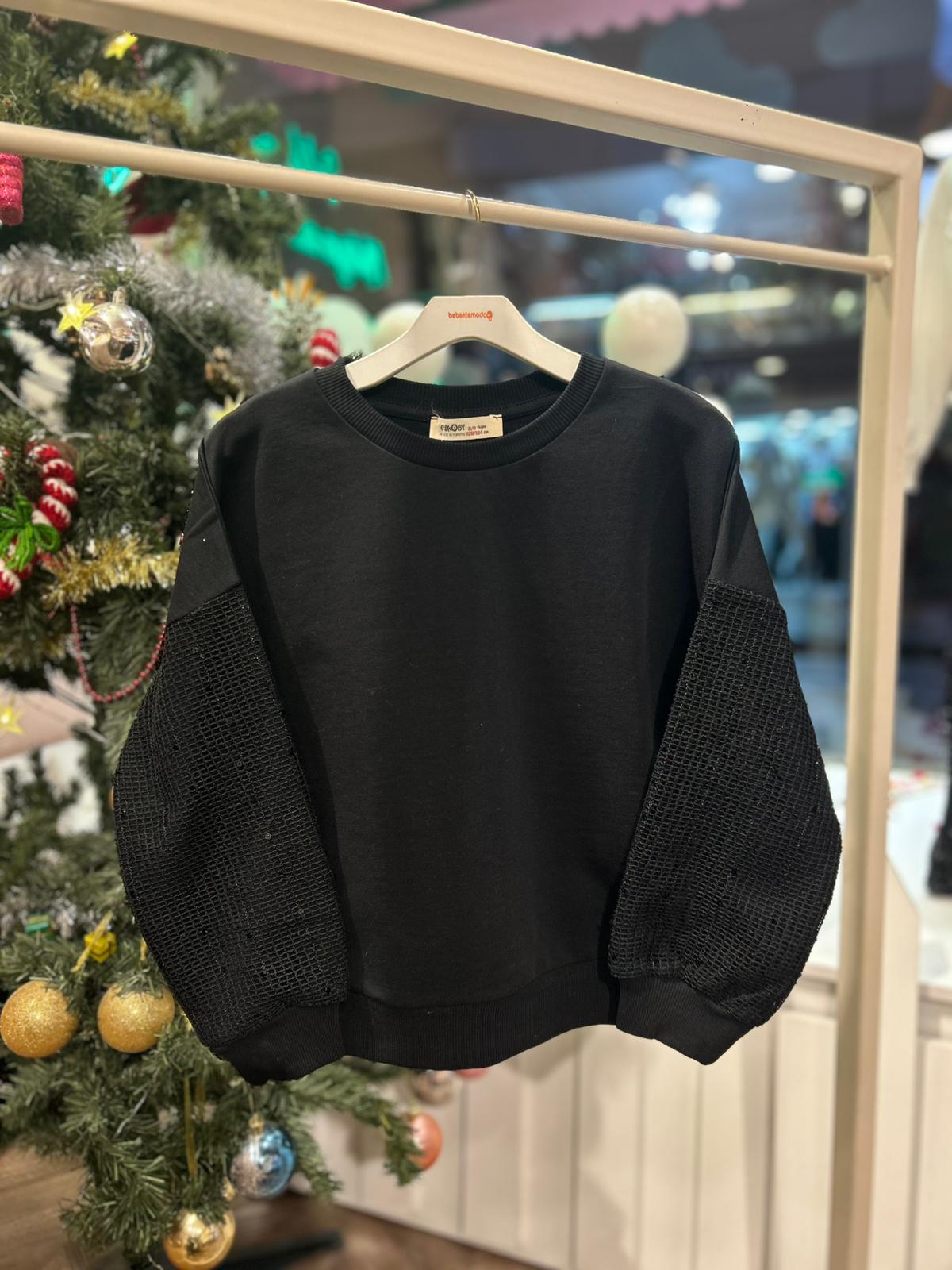 KOLU FİLE DETAYLI SWEAT Siyah