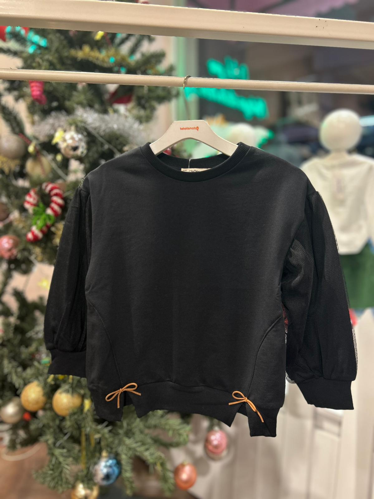 KOLU TÜLLÜ ALTI FİYONKLU SWEAT Siyah