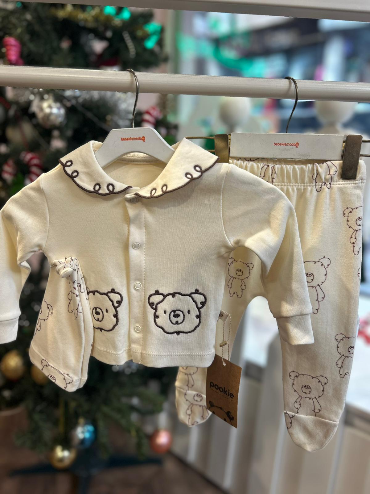 İŞLEME DETAYLI ŞAPKALI 3'LÜ BEBE TAKIM Taş