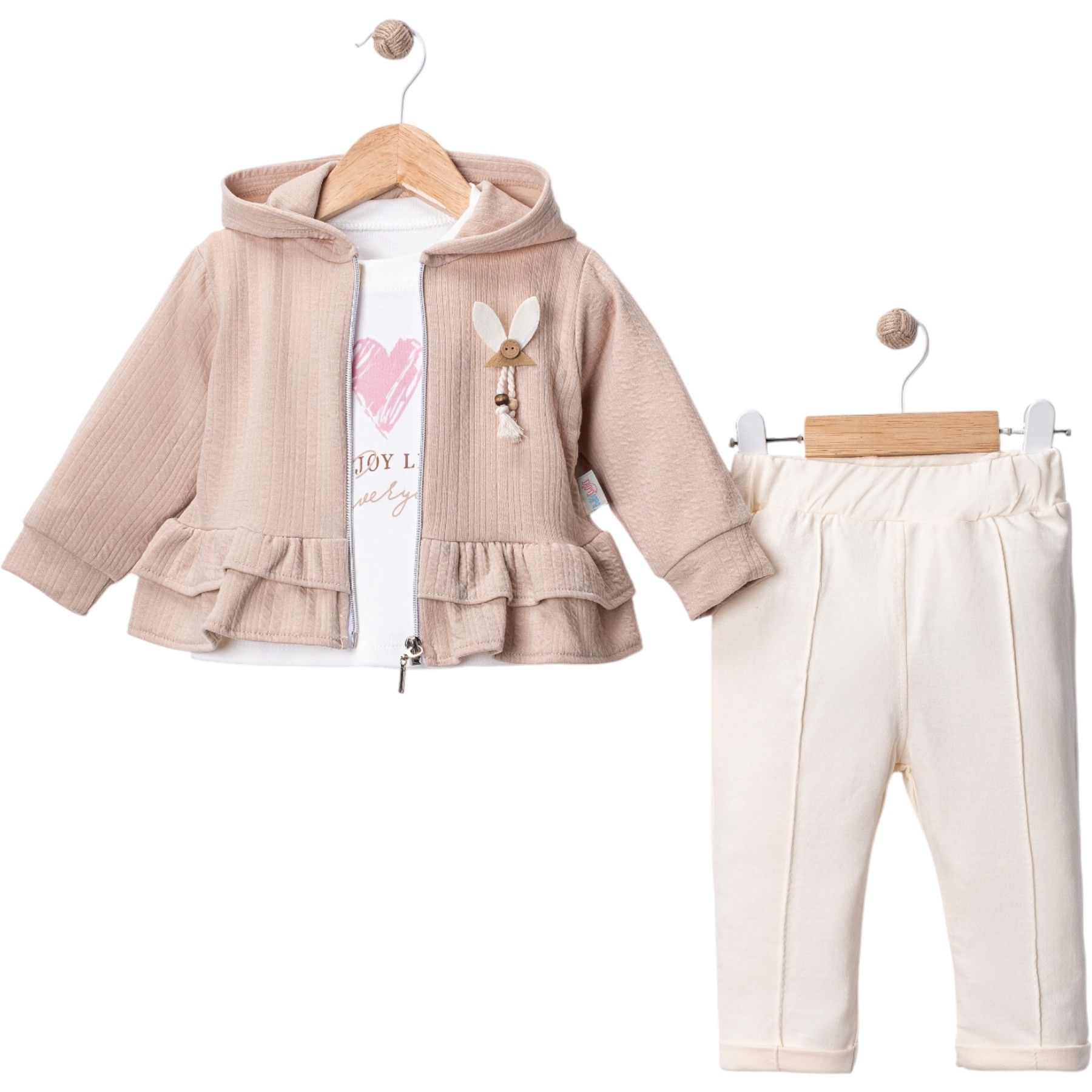 KAPÜŞONLU HIRKALI 3'LÜ BEBE TAKIM VİZON