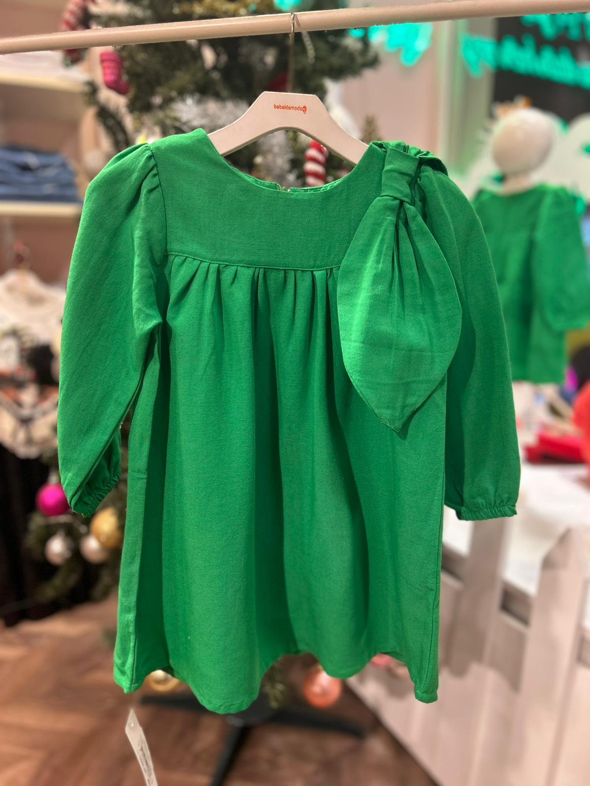 FİYONKLU KOLU LASTİKLİ DOKUMA ELBİSE Yeşil