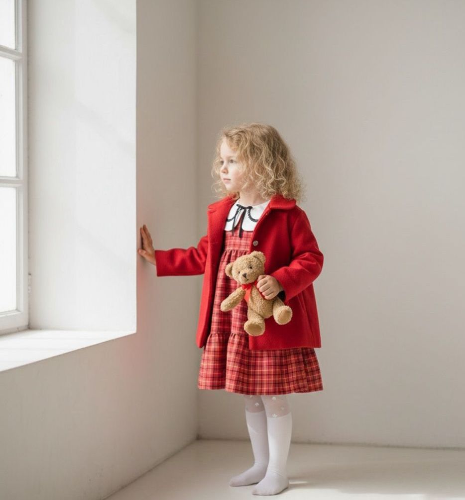 Kırmızı EKOSE ELBİSELİ KAŞE KABANLI TAKIM