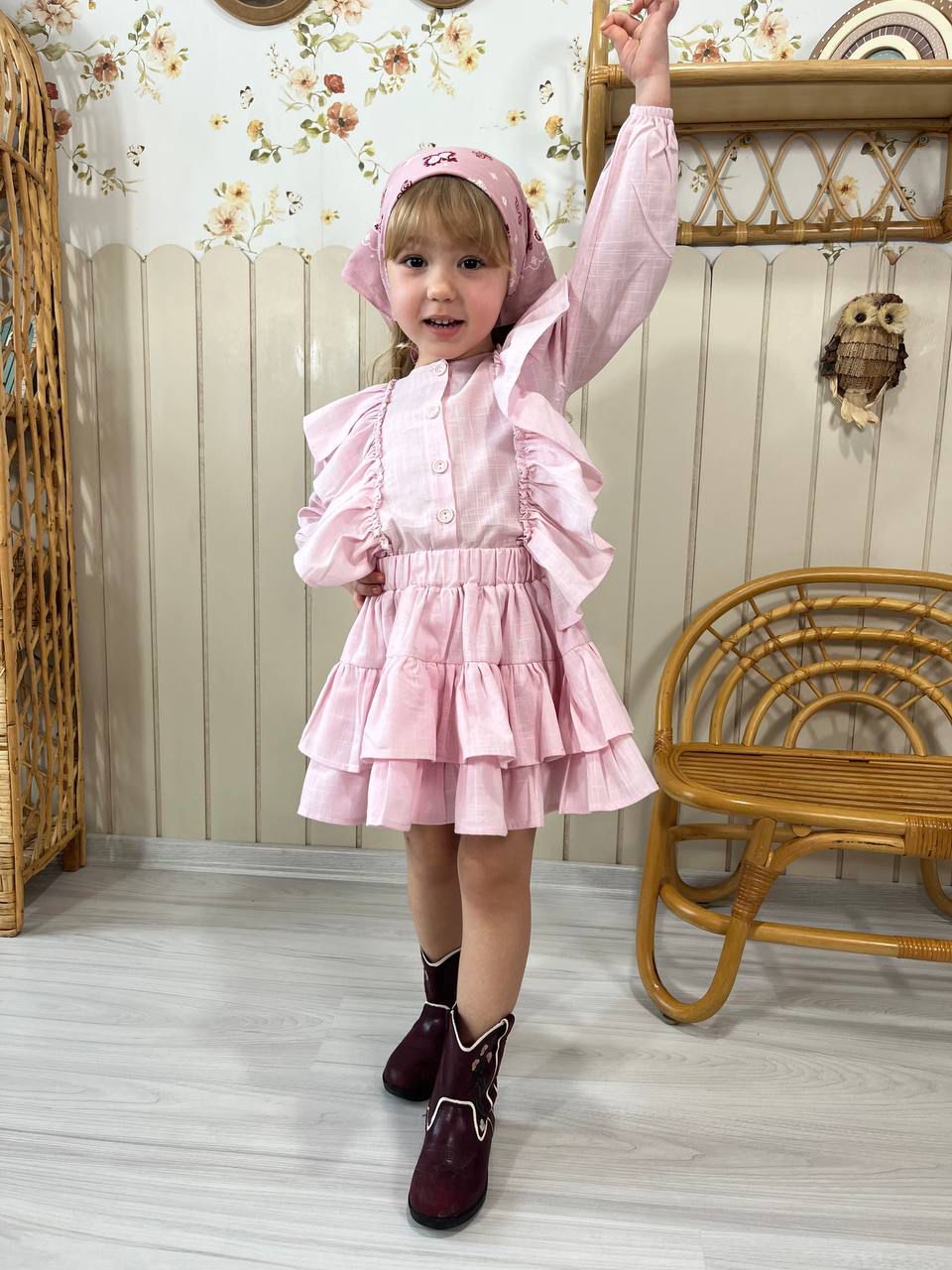 FIRFIR DETAYLI KETEN KUMAŞ ETEKLİ TAKIM Pembe