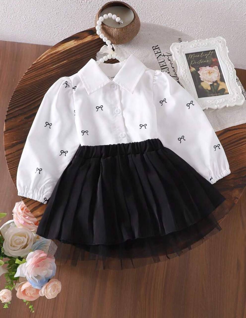 FİYONKLU GÖMLEK PİLELİ ETEKLİ TAKIM Siyah Byz