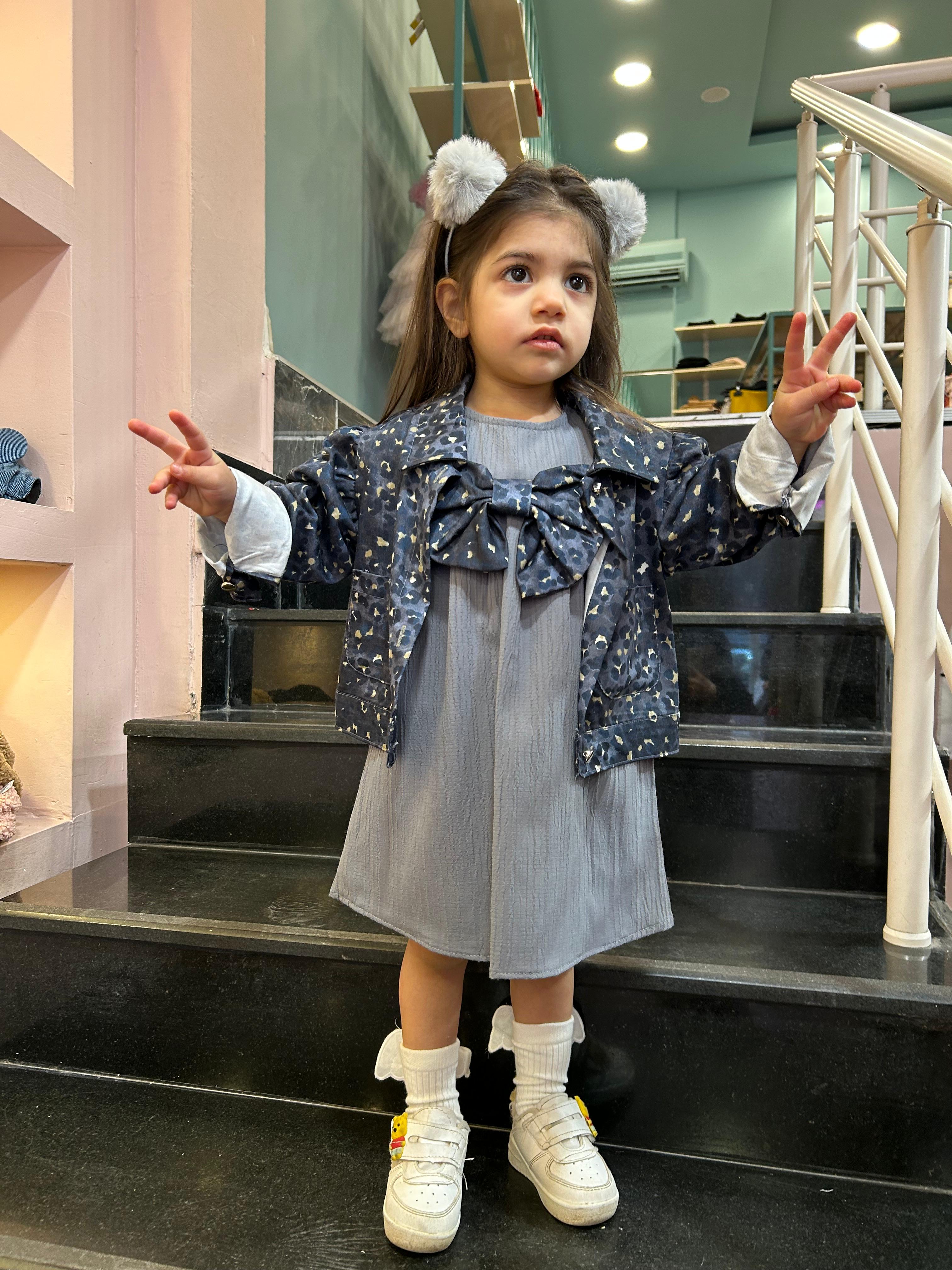 DESENLİ CEKET FİYONKLU ELBİSE TAKIMI Gri